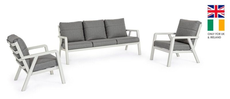 Sedia da giardino con struttura bianca e rivestimento grigio, design elegante per spazi outdoor.