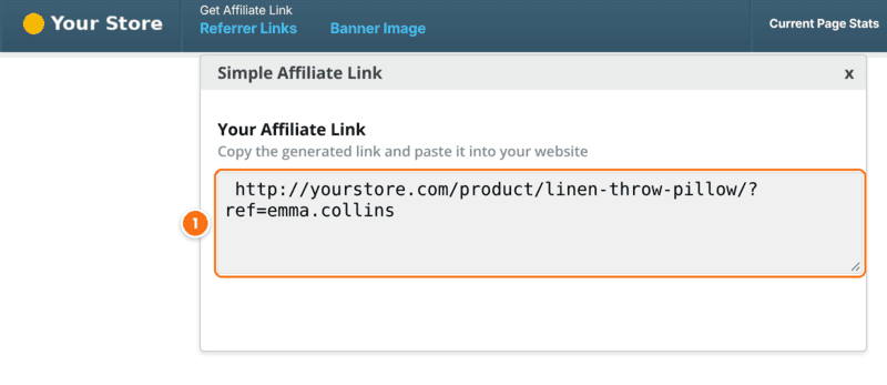 Simple Affiliate Link window under the Affiliate Bar with the affiliate link http://yourstore.com/product/linen-throw-pillow/?ref=emma.collins