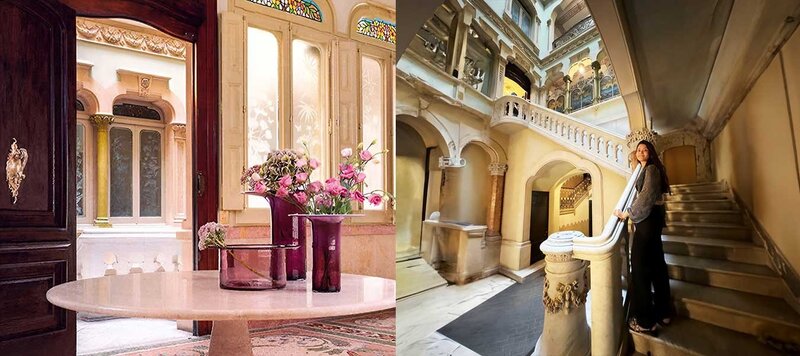 Zwei beeindruckende Innenräume im Jugendstil: Ein eleganter Salon mit Blumenarrangement und ein prächtiges Treppenhaus mit kunstvollen Details.