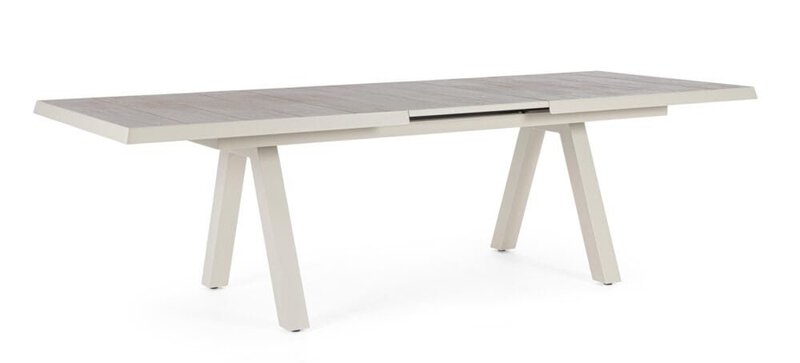 Tavolo da giardino allungabile in legno bianco, ideale per esterni e momenti di convivialità all'aperto.