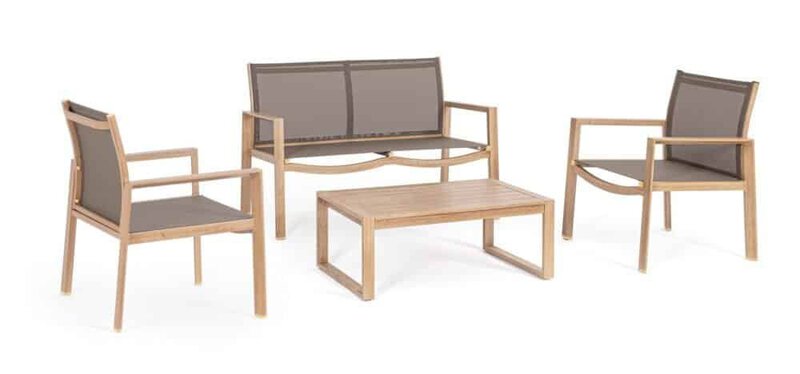 Divano in legno teak con sedili imbottiti e cuscini di alta qualità.