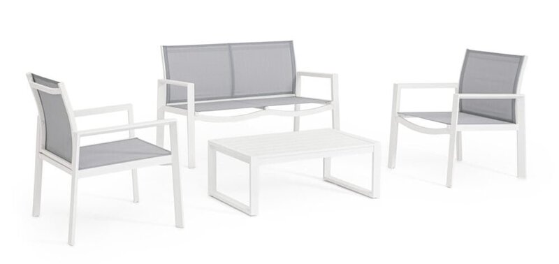 Sedia con struttura bianca e seduta grigia, perfetta per arredo outdoor elegante.