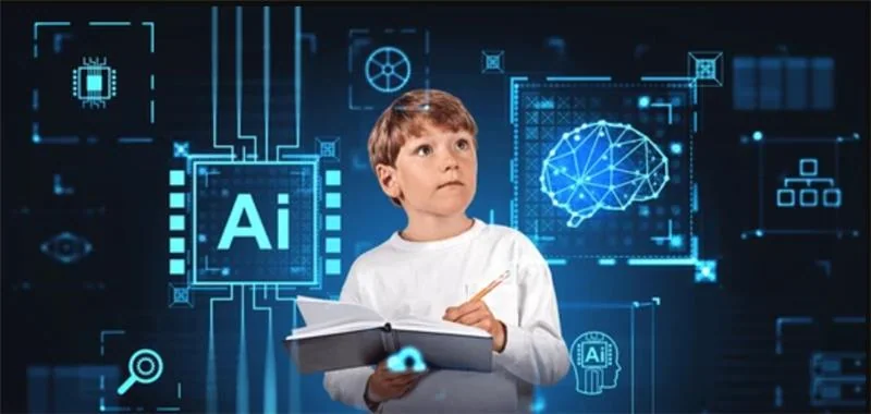 Child holding a notebook surrounded by AI digital icons, illustrating how Asra Hub prepares young learners for an AI-driven future