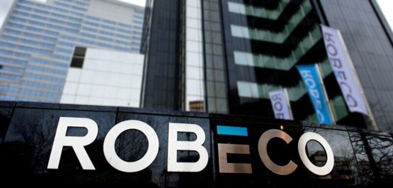 Modern Robeco office building with corporate signage in a city skyline.