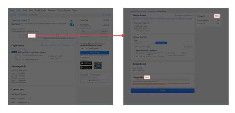 How to change Trip.com flight:  view change policies and fees after booking