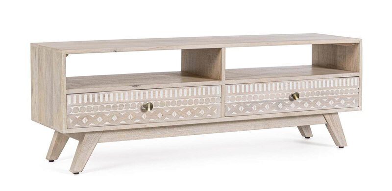 Tavolino in legno naturale con cassetti decorativi e maniglie in ottone, ideale per soggiorno o camera da letto.
