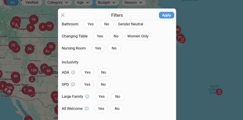 Mobile app filter screen showing family-focused options like bathrooms, changing tables, nursing rooms, and accessibility features to help parents customize travel searches.