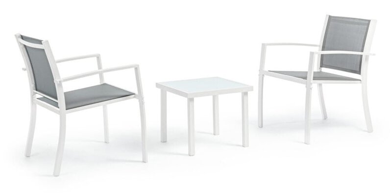 Sedie stile moderno per esterni in bianco e grigio, perfette per giardino o balcone. Design elegante e resistente.
