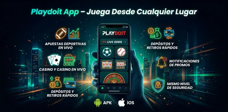 Aplicación móvil de Playdoit abierta en un smartphone con opciones de apuestas y casino