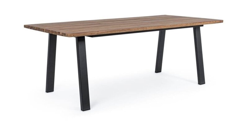 Tavolo moderno in legno con gambe nere, perfetto per la zona pranzo o ufficio.