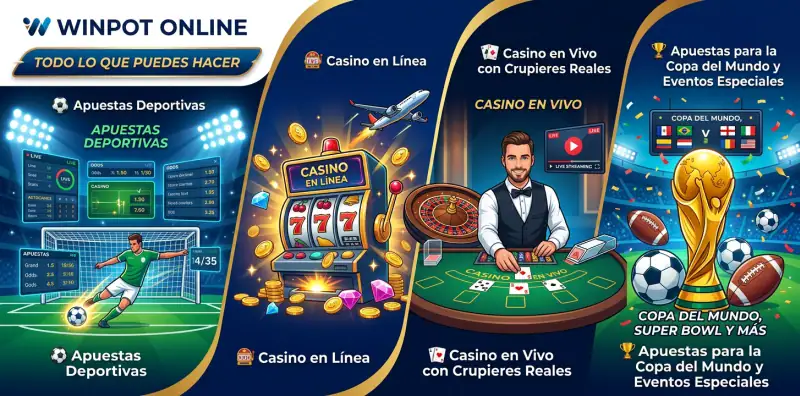 Opciones de entretenimiento en Winpot: casino en vivo, tragamonedas y deportes.