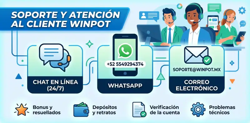 Canales de soporte y atención al cliente de Winpot por chat y WhatsApp.