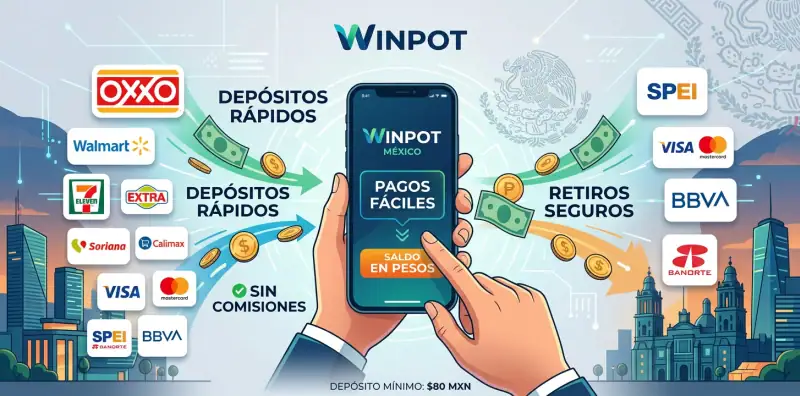 Métodos de depósito y retiro en Winpot como OXXO, SPEI y tarjetas bancarias.
