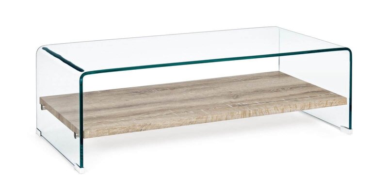 Fotografia di un tavolino con struttura in vetro e piano in legno naturale, design minimalista e elegante.