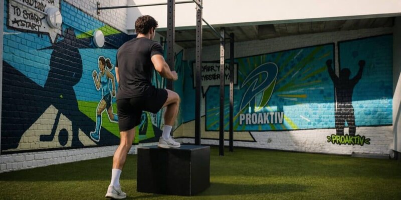 Patiënt voert high box step-up uit tijdens sportkinesitherapie in trainingsruimte van ProAktiv. in Haacht