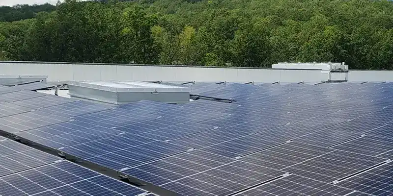 panneaux solaires sur une toiture terrasse d'un bâtiment tertiaire