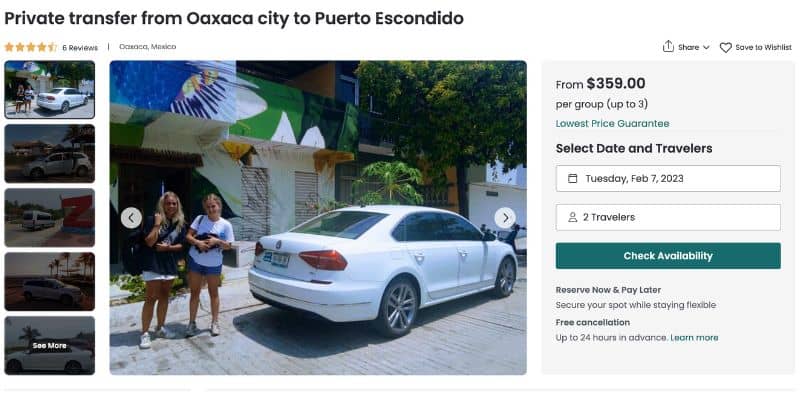 booking box for the Private Car from Oaxaca to Puerto Escondido
