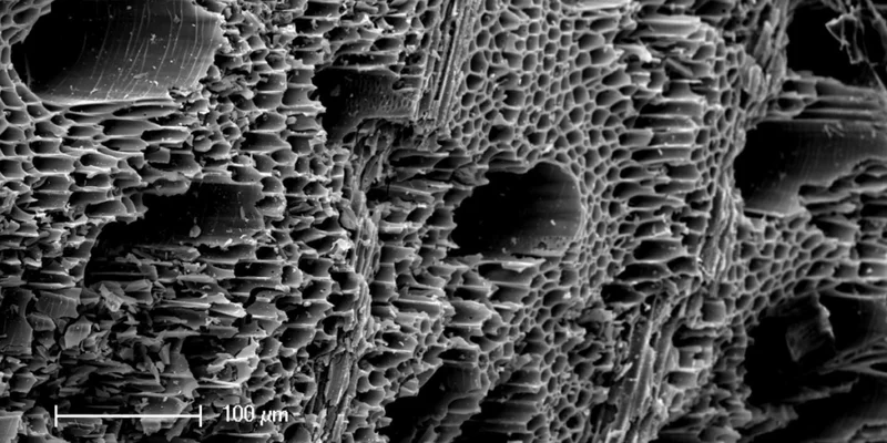 Picture of the microscopic pores of biochar under a microscope. Used to show the water retention properties of biochar.