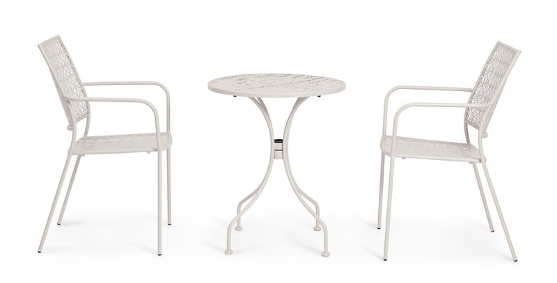 Sedia e tavolino in stile moderno, perfetti per arredare gli spazi esterni con eleganza e comfort.