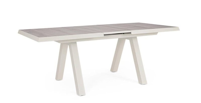 Tavolo allungabile moderno bianco con piano in legno chiaro, design elegante e funzionale.