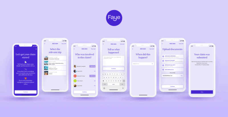 Screen shot of faye travel insurance claim process on their app