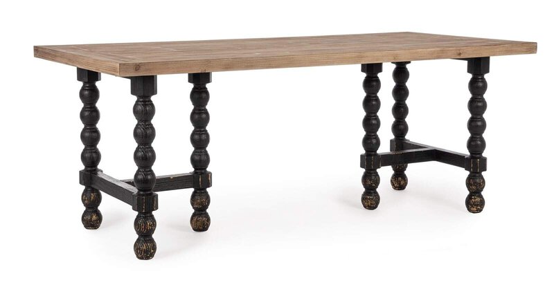 Tavolo in legno con gambe tornite nere, stile rustico e vintage, perfetto per cucine e soggiorni eleganti.
