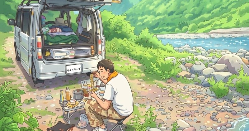 車中泊の旅の途中川辺で昼食を作り食べている様子の画像