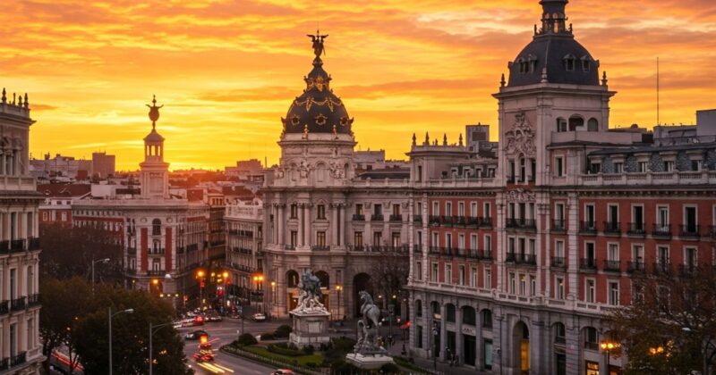 Wide-angle shot of Madrid, Spain during a breathtaking sunset - one of many destinations featured in the Vueling July sale.