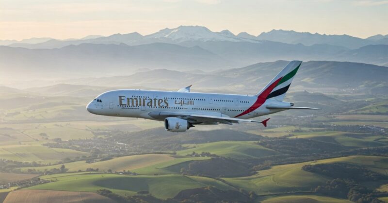 Emirates jet flying over green fields with snow-capped peaks in the background