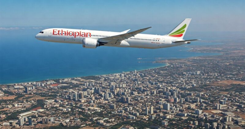 Ethiopian Airlines jet over Dar Es Salaam. Used as featured image for Ethiopian Airlines flight sale posts.