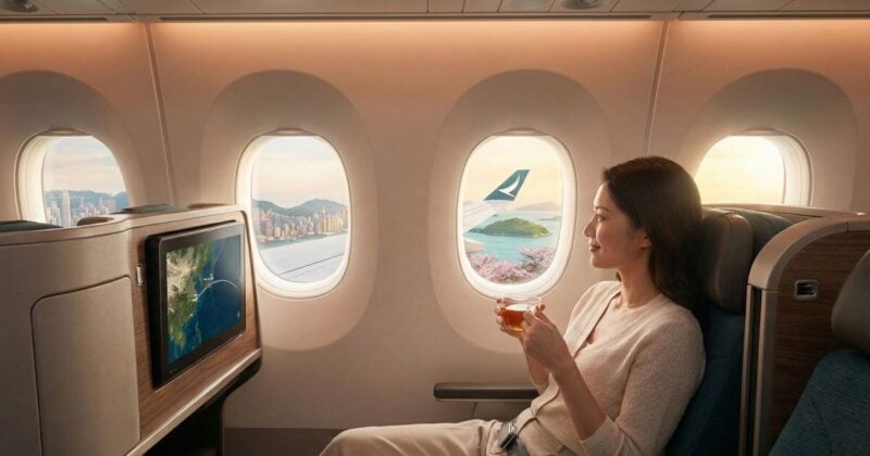 Female passenger holding a cup of tea by the airplane window inside a Cathay Pacific Premium Economy cabin.