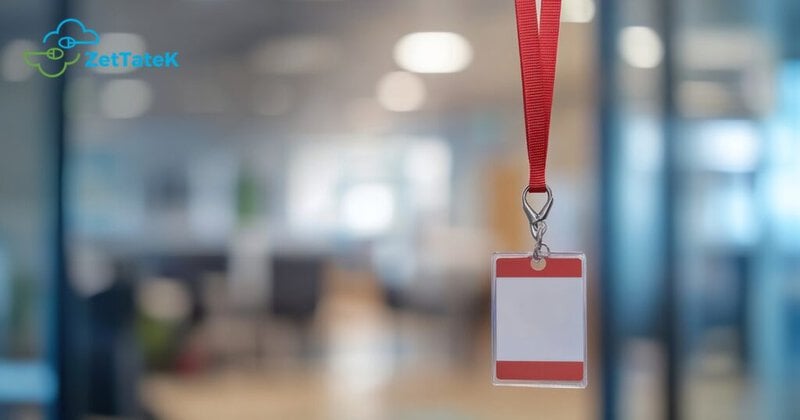 Credencial de acceso en blanco colgando de un cordon rojo en una oficina moderna