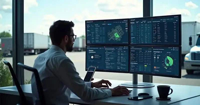 Gestor de frotas acompanhandor monitoramento em tempo real no computador com mapas e dados de veículos