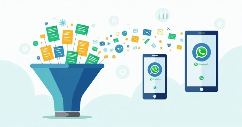 Ilustração corporativa de funil automático enviando mensagens no WhatsApp para clientes inativos