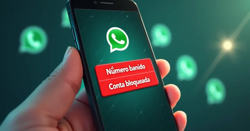 Telefone com alerta de bloqueio na tela mostrando aviso de WhatsApp banido