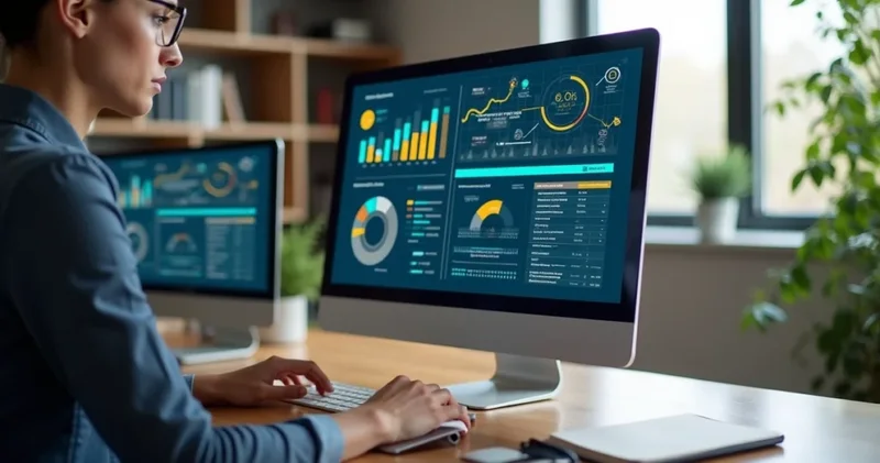 Profissional trabalhando em computador com gráficos de SEO na tela, ambiente moderno e organizado