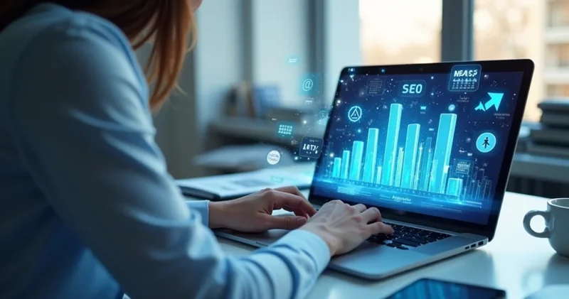 Contador trabalhando em laptop com site profissional, gráficos de crescimento e elementos digitais ao redor