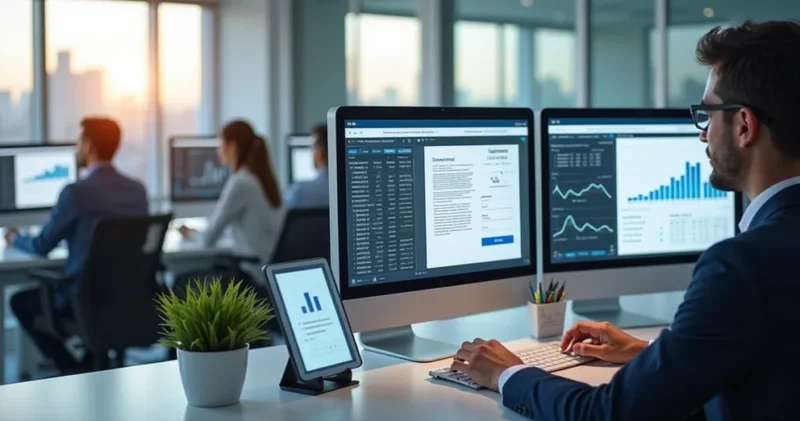 Escritório contábil moderno com equipe trabalhando em computadores com gráficos e telas digitais mostrando contratos eletrônicos