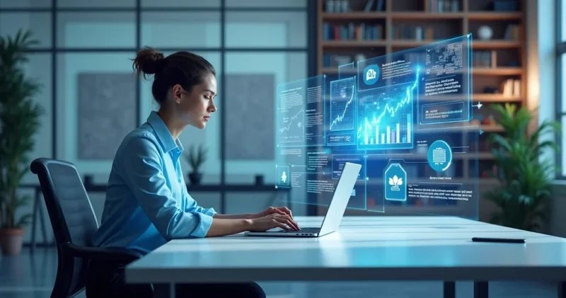 Ambiente moderno de escritório com contador usando laptop e telas mostrando gráficos financeiros e integração de sistemas contábeis