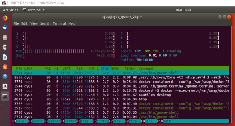 htop en VM Ubuntu 18.04 LTS con 8 CPUs lógicas asignadas.