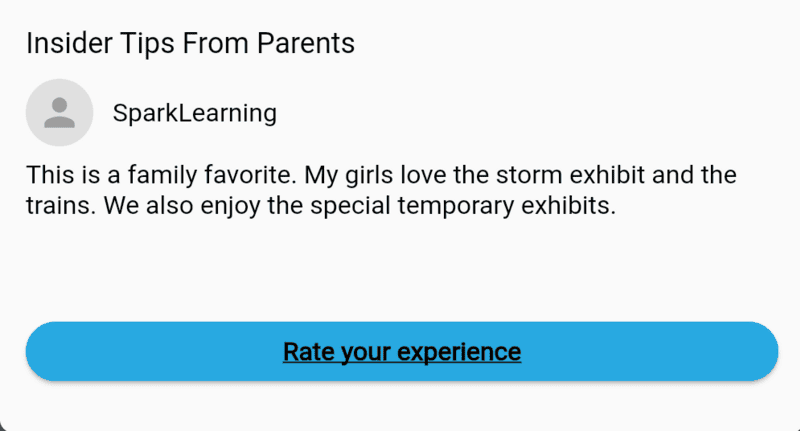 Parent review in GoWhee app describing a family favorite museum with storm exhibit, train displays, and temporary exhibits loved by kids.