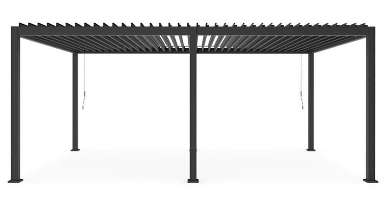 Gazebo in metallo nero, ideale per esterni, resistente e dal design minimalista.