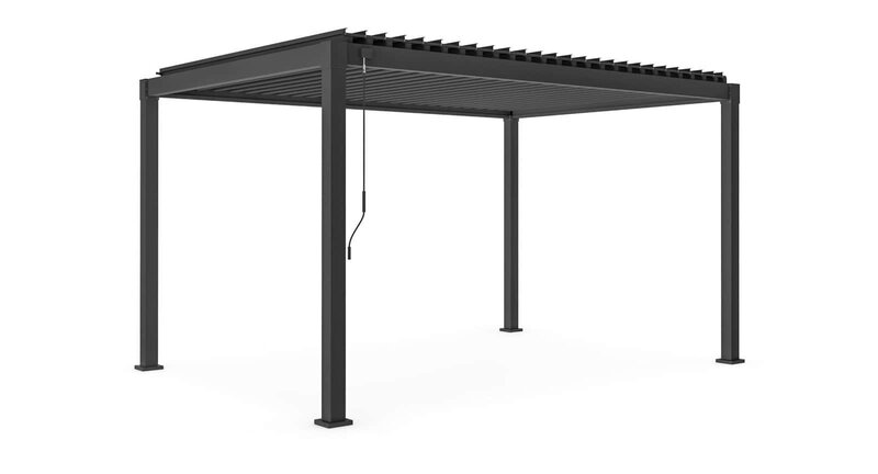 Pergola moderna in lamiera nera, struttura resistente per giardini e aree esterne. Design elegante e durevole.