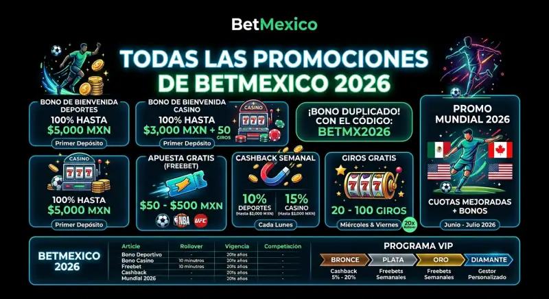 Resumen de todas las promociones activas de BetMexico 2026 incluyendo freebets, cashback y giros gratis