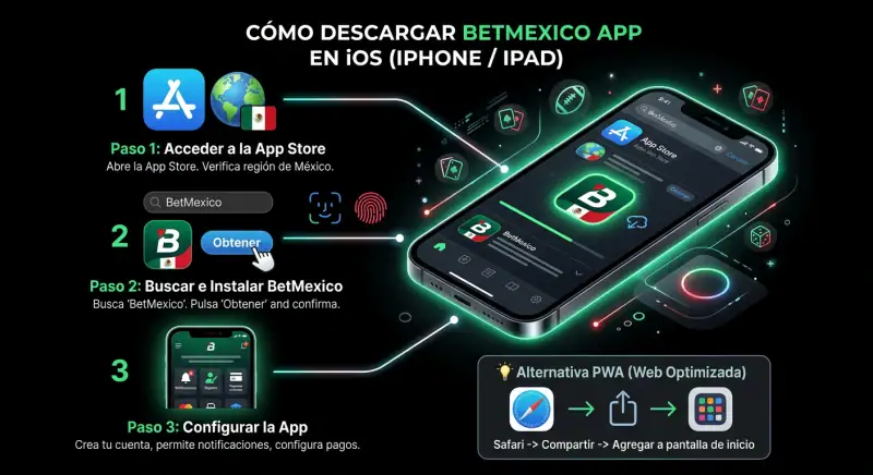 Proceso de descarga de la BetMexico App desde la App Store en un iPhone