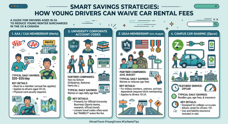 Infographic titled "Smart Savings Strategies: How Young Drivers Can Waive Car Rental Fees," breaking down 4 ways drivers aged 18–24 in the US and Canada can save money using AAA/CAA memberships, university codes, USAA, and campus car-sharing like Zipcar.