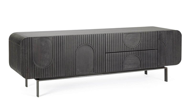 Credenza moderna in legno con dettagli geometrici e finitura scura, perfetta per living e sala da pranzo.