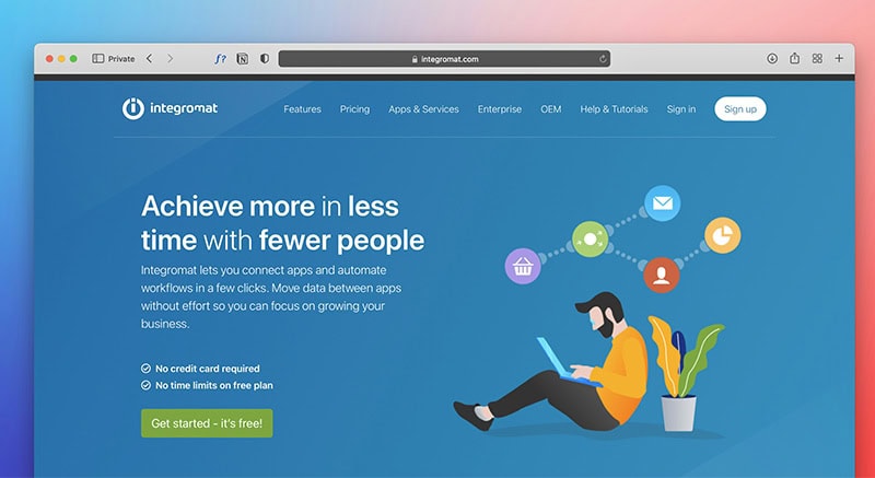 An illustration showing a blue laptop screen with text that reads "Achieve more in less time with fewer people," surrounded by stylized floating icons of people, gears, and communication bubbles. The image represents the efficiency and organizational benefits of professional WordPress website maintenance.