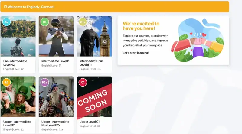 Panel de la plataforma online de inglés de Inglés Divertido con los niveles A2, B1, B1+, B2 y B2+.