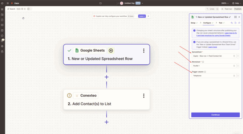 Etape Zapier Google Sheet - Connecter liste de contact & Google Sheet